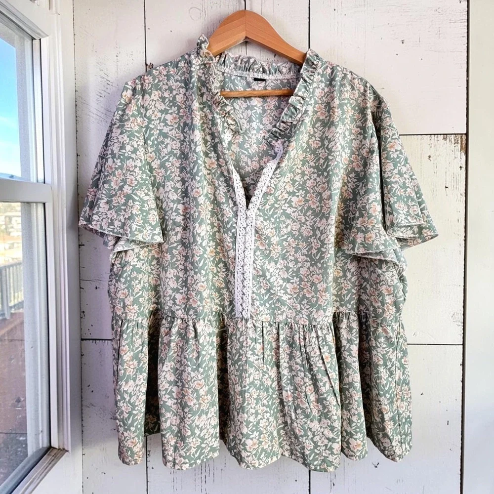 Cottagecore Floral Peplum Top Shein 2XL Sage Green Flutter Sleeve Coquette